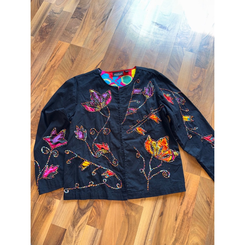 New Direction Jacket Womens Large Black Floral Embroidered Applique art to wear